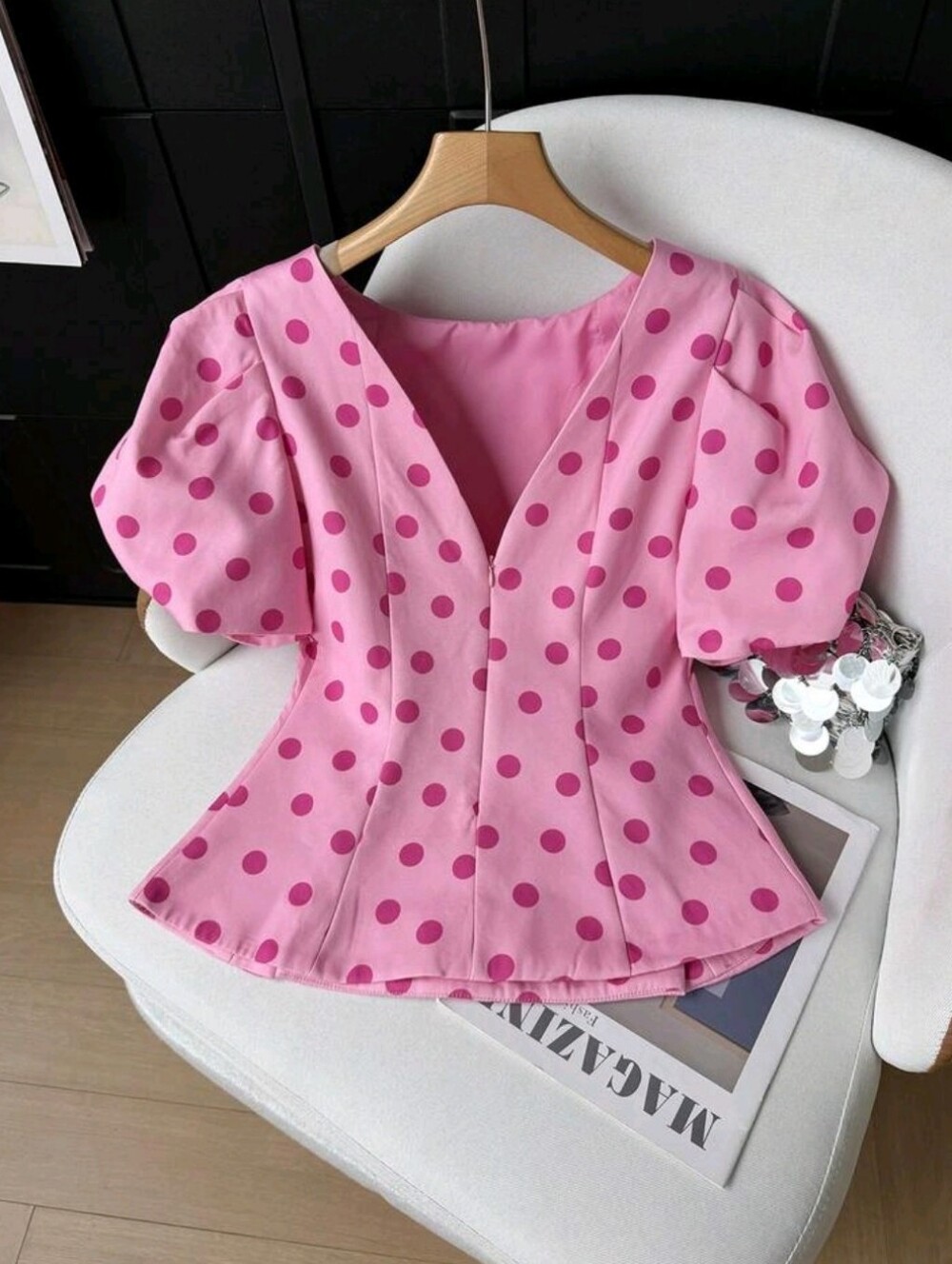 Pink Polka Dot Round Neck Puff Sleeve Waist-Cinching Cropped Backless Top, - Picture 8 of 8